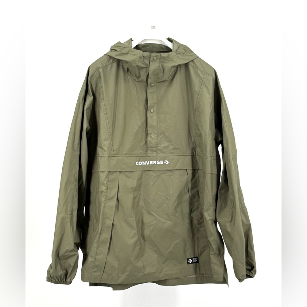 Converse Men’s Olive Green Hooded Pullover Rain Jacket Pockets Size M